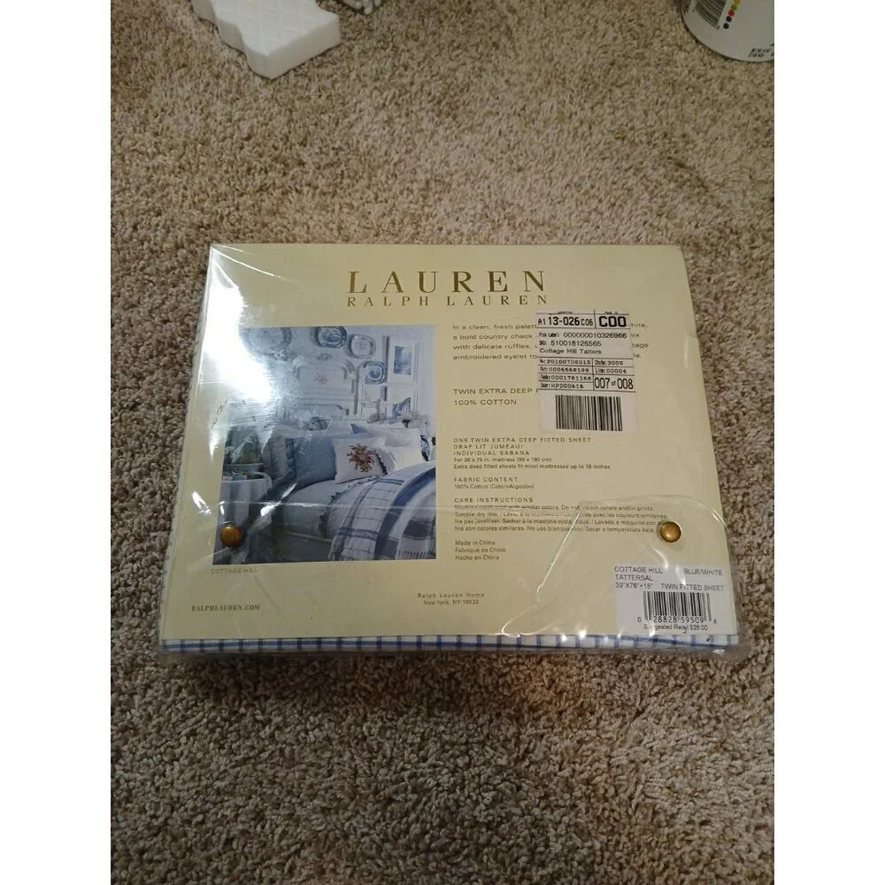 Lauren Ralph Lauren Cottage Hill Tattersal Twin Deep Fitted Sheet Blue   RARE !!